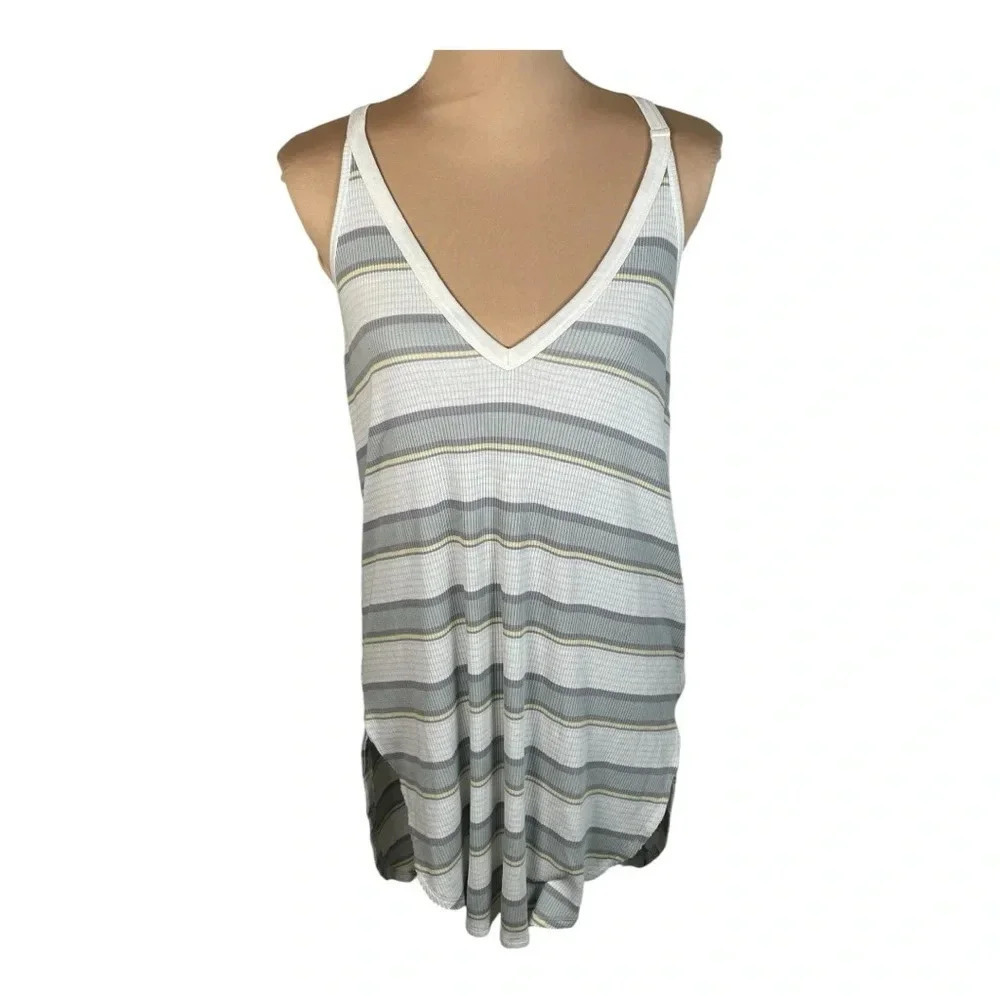 🩶 Free People Loui Stripe Tank Top Tunic Cami Ivory Gray Combo Medium - Picture 2 of 10